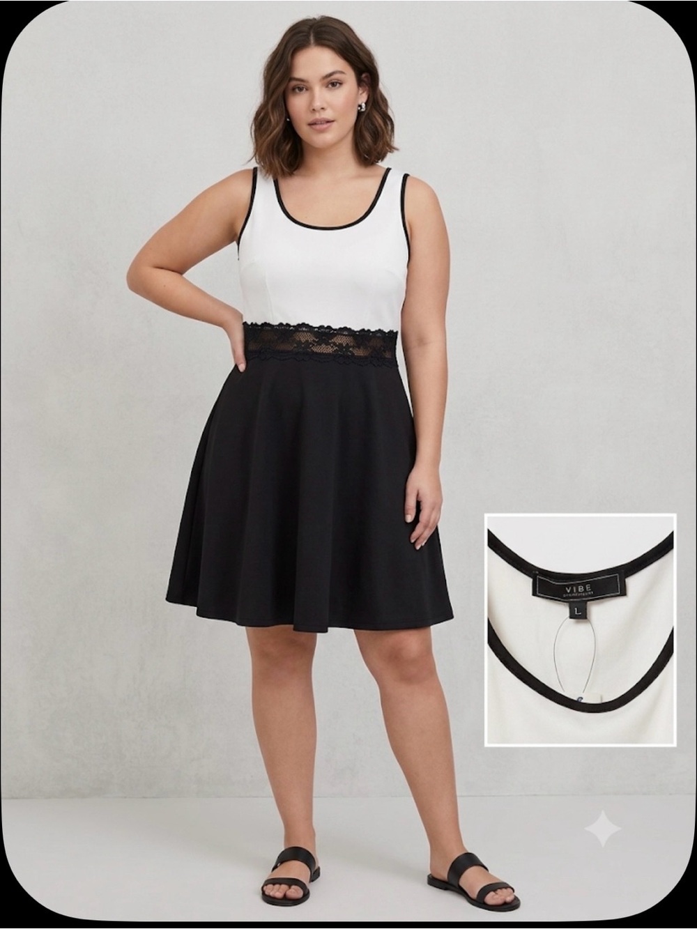 Vibe Black and White Lace-Waist Skater Dress